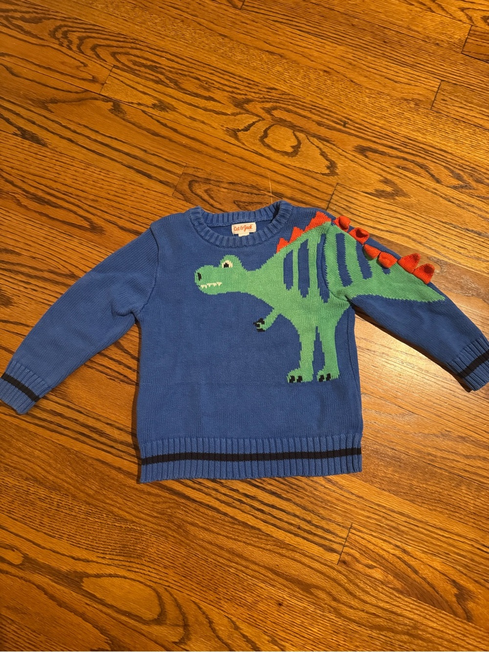 Cat & Jack Blue Knit Sweater with Green Dinosaur and Orange Spikes
